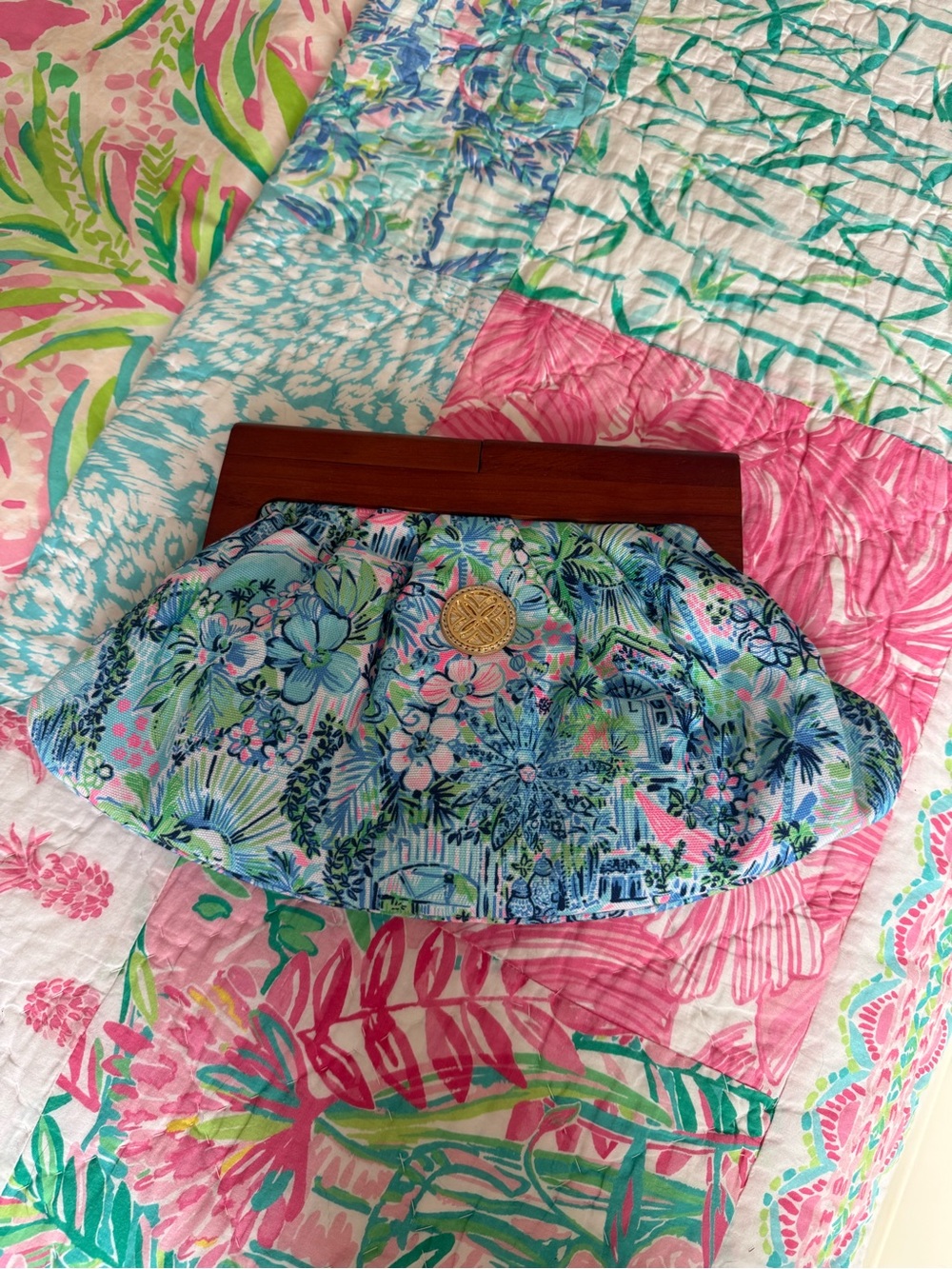Lilly Pulitzer Floral Pleated Clutch in Aqua, Pink & Green with Gold Accent - Picture 5 of 5